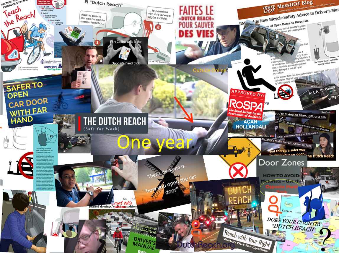 A crowded montage selection of anti dooring Dutch Reach graphics created by volunteers, media outlets, bike advocates from around the globe, centered around a screen shot from the Outside Magazine Online video which made the "Dutch Reach" meme go viral.
