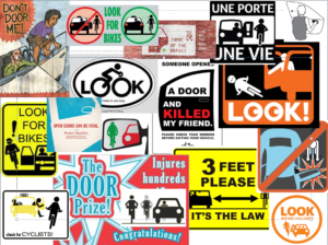 A colorful montage of anti dooring graphics - signs, stickers, posters, decals & drawings from around the globe & web.  They call for drivers & cyclists to be cautious, vigilant, & keep a safe distance. Only the Dutch Reach line drawing calls for a switch to the safer far hand habit.