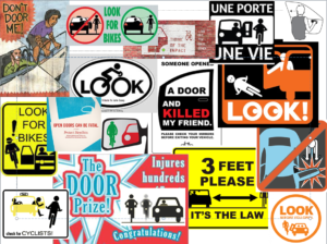 A colorful montage of anti dooring graphics - signs, stickers, posters, decals & drawings from around the globe & web. They call for drivers & cyclists to be cautious, vigilant, & keep a safe distance. Only the Dutch Reach line drawing calls for a switch to the safer far hand habit.