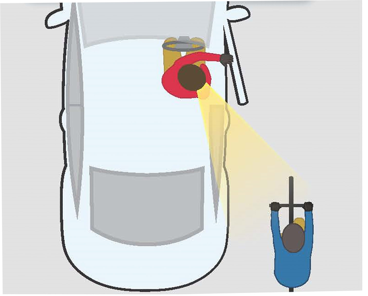Diagram shows birds eye cut-away view of a driver, such as in the UK, or a front passenger, using the far hand method to reach across one's chest to the car door latch. The motion causes the upper torso to twist, allow head to turn almost directly back over the shoulder and out back to watch for dangerous on-coming traffic before opening car door wide & exiting.