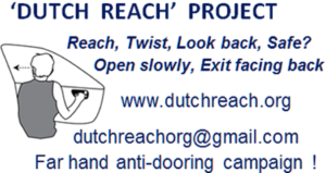 "Business Card" for Dutch Reach Project website & email with two line summary of the Dutch Reach method. Last line telegraphs that the Project is an anti dooring campaign.. Small format line drawing of woman initiating far hand method appears to left of text.