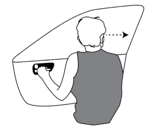 Dutch Reach line drawing of woman preparing to exit from right front seat. Thin line version.