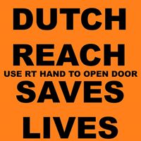 'Dutch Reach Saves Lives" small square format sticker by unknown activist graphic artist found on Face Book site: @DutchReachSavesLives 