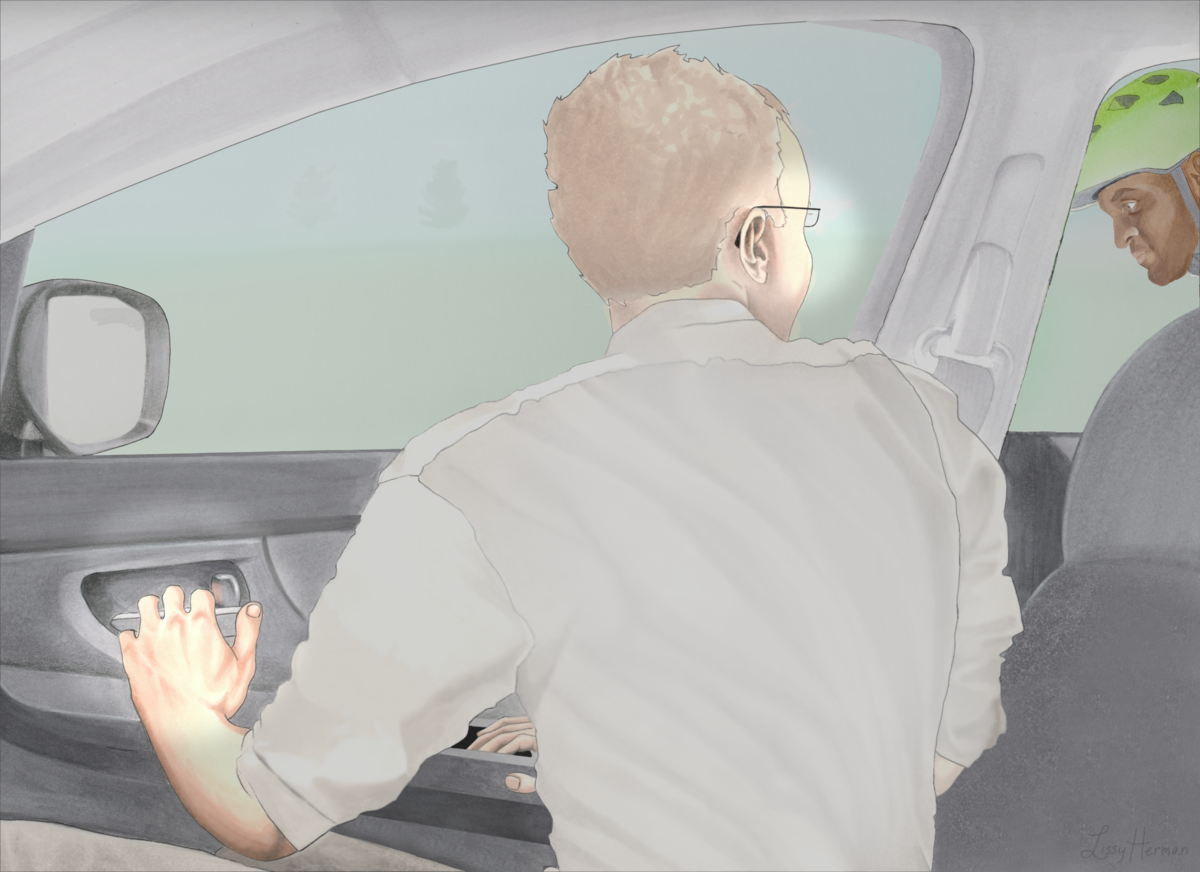 Image shows a car occupant, driver or passenger depending on the country's driving side, LEFT hand on door latch, upper torso swiveled a quarter turn right, and head turned facing back over right shoulder out side window where he sees a cyclist's face and helmet about to pass his door.