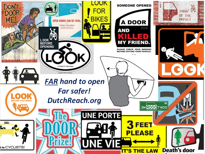 Montagew of anti dooring stickers, posters & decals surround line drawing of a woman with her far hand reached across to car door latch, initiating the Dutch far hand Reach for safer exiting of stopped vehicles. A center left caption reads: "Far hand to open / Far safer! / DutchReach.org". Credit: Dutch Reach Project