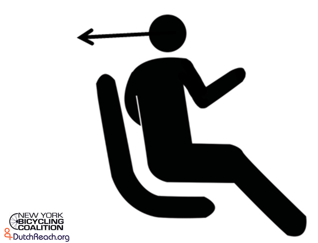 Dutch Reach Universal Sign, Figure swivels for left over-the-shoulder check for on-coming cyclists or other vehicles to avoid dooring crashes. Silhouetted iconic human figure in solid black on white background, seated but swiveled to left with right far (right) hand extended to 'door latch', head turned back over left shoulder with arrow line of sight backwards looking, scanning, for on-coming bicyclists, cyclists, vulnerable users or other traffic or vehicles which might otherwise be doored if occupant opened car door heedlessly. Doorings can result in serious, even fatal injuries to exiting drivers or passengers as well as more commonly to cyclists. The Dutch Reach method shown in the image prevents careless exiting of vehicles. This graphic symbol is intented for traffic signs, parking signs, warning to prevent and avoid doorings by exiting occupants in or adjacent to traffic or travel lanes.