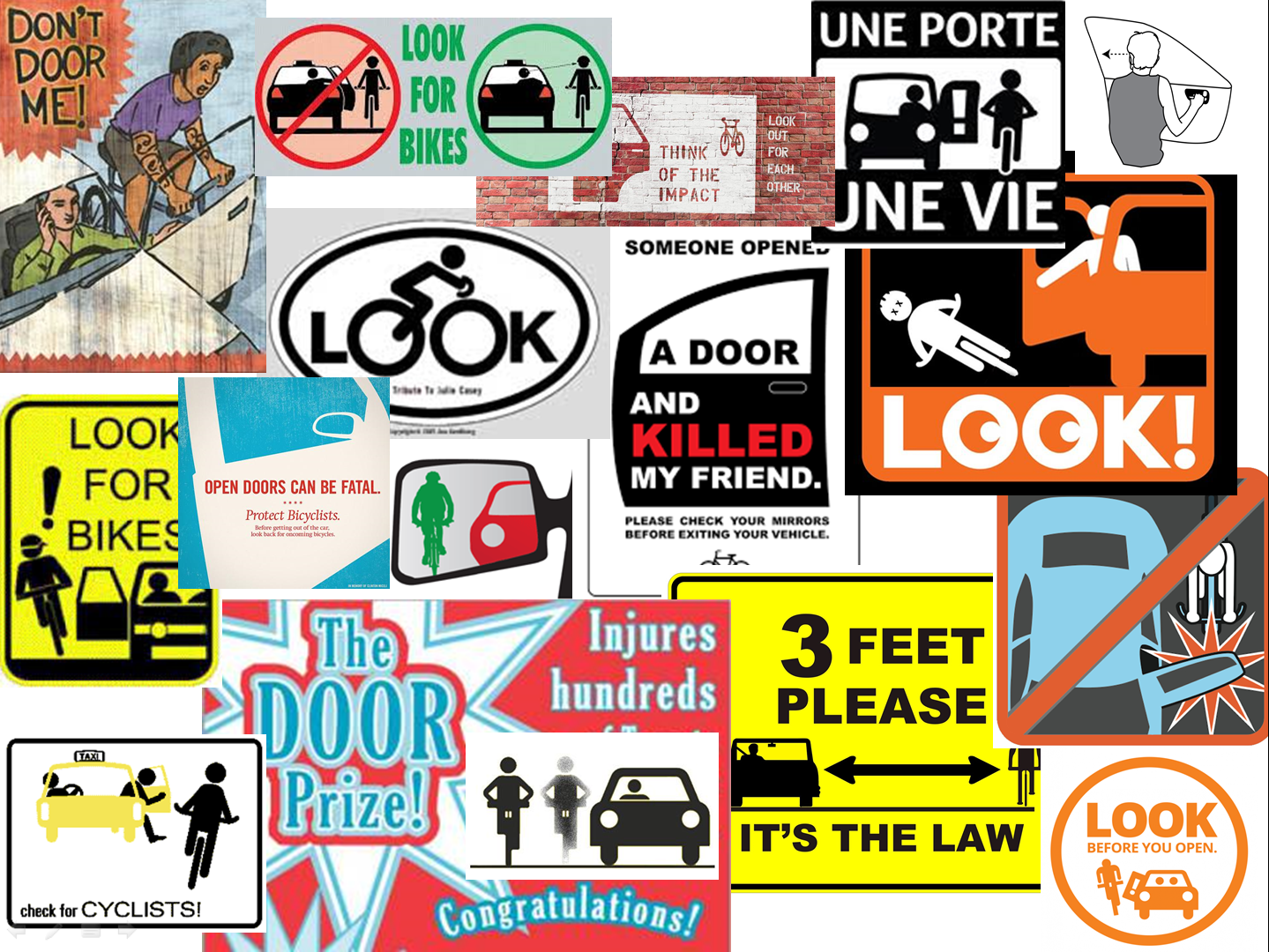 Montage of anti- dooring graphics - stickers, posters & logos from around the world. 