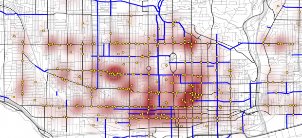 Map of Dooring crashes, 2014 - 2016, Toronto, Canada.. Credit: Cycle