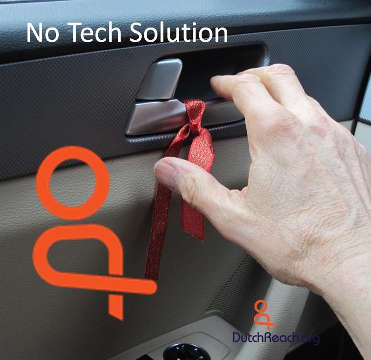 No Tech Solution graphic with Dutch Reach Icon, ribboned door latch & hand signifies Dutch Reach habit.