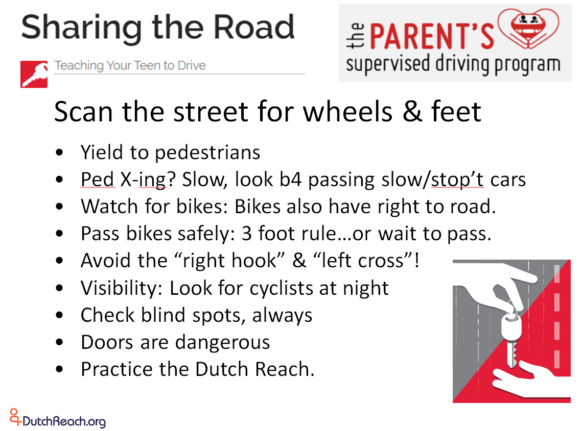 List of topics covered in the Share the Road section of the Parent's Supervised Driving Program for teaching teen drivers and permit holders how to operate motor vehicles safety under Massachusetts' state law, and how to share the road with bicycles, pedestrians and other vehicles. The Dutch Reach for safe exiting of vehicles to avoid doorings of bicyclists, door damage and possible collision with exiting occupants is now included in the guide for parents instructing their teenagers with learners permits.