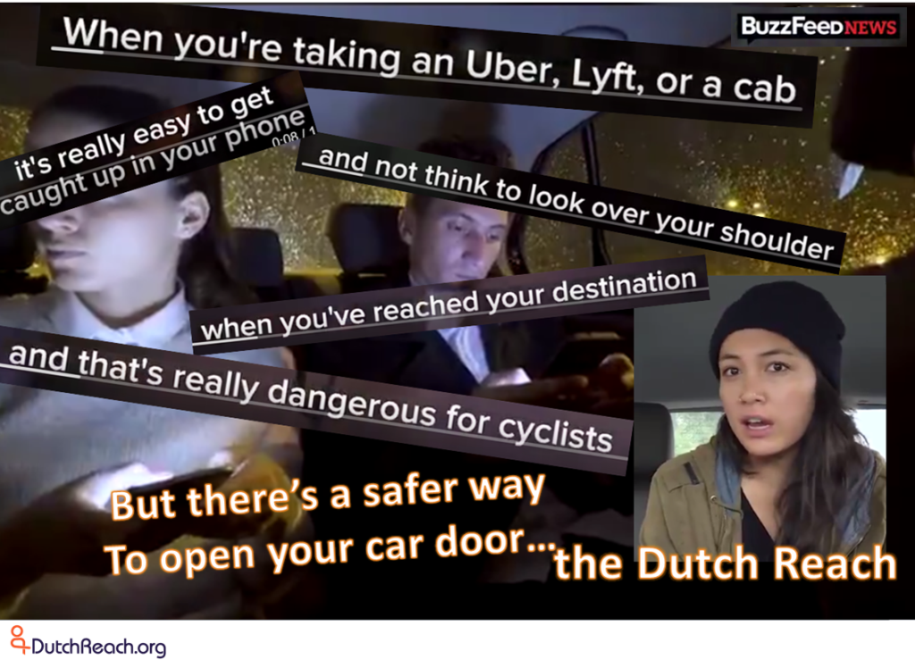 Alternative graphic to promote BuzzFeed's "Dutch Reach" video on ride-share dooring hazard which advised the far hand method. It is comprised of subtitle quotations taken from the BuzzFeed video overlaying a screenshot of the interior of ride-share users at night in an Uber or Lyft, preoccupied with their electronic devices. Captions describe dooring risk. Inset of the narrator (Allyson Laquian) in lower right.