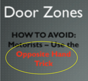 Message on Bike Friendly Driver course slide: Tip: HOW TO AVOID: Motorists - Use this Opposite Hand Trick. (To avoid dooring cyclists when opening car door).