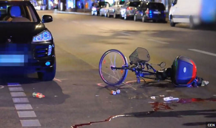 Dooring crime scene, Berlin June 2017. Saudi Porche driver killed cyclist, claims diplomatic immunity, spurs outrage.