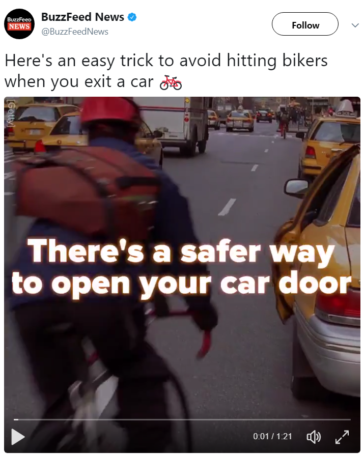 "There is a safer way to open your car door" twitter video by BuzzFeed News video tech Allyson Laquian. Video focuses on risk posed by careless Uber Lyft rideshare or taxi passengers when exiting vehicles and the hazard of dooring bicyclists.  Image is of BuzzFeed News' twitter post with a live video feed. Video presents & explains benefit of the Dutch Reach far hand method to avoid injuring cyclists.