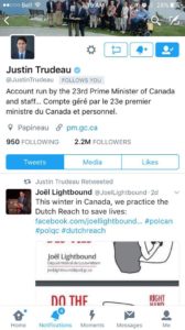 MP Joel Lightbound's call for drivers to adopt the Dutch Reach to prevent bicyclist deaths and injuries by opened car doors, is supported by Justin Trudeau, PM of Canada via tweet.