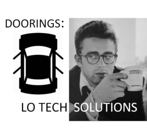 Cover image for Dutch Reach anti- dooring Twitter Moments series PSA featuring James Dean beside a top viewed icon of a sedan with all four doors open.
