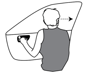 Dutch Reach diagram, image, drawing shows driver using left hand to open car or vehicle's right side door when exiting on the right side of the car. For use in countries such as UK, AU, Indonesia, India, Pakistan, NZ, where vehicles are driven on the left side of the road.