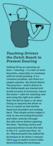 GHSA's study presents the Dutch Reach as a motorist education tip to prevent heedless doorings. (p. 38 of report).
