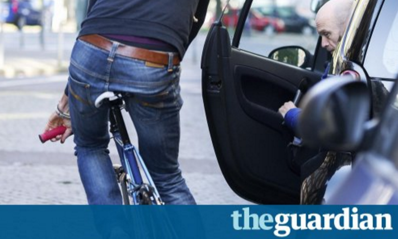 Photo from The Guardian article 11 Sept. 2017 on anti dooring campaign promoting the Dutch Reach by a charity founded by parents of Sam Boulton of Leicester who died when a carelessly opened car door caused fatal collision.