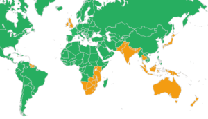 Map of the world and the side of the road the inhabitants drive on.