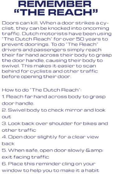 'Remember to Reach' is a box of text accompanying NY Bicycle Coalition's Dutch Reach anti dooring reminder decal for driver & passenger windows to prevent dooring cyclings upon exit. Text explains far hand reach method encourages its habitual use.