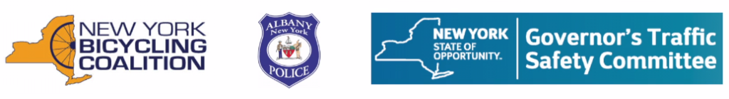 Logos for New York Bicycling Coalition, City of Albany, NY, Police Dept; NYS Governor's Traffic Safety Committee, who produced NYS Road Sharing videos on Bicycle Law in NYS, & which includes the Dutch Reach countermeasure to prevent doorings, cyclists being hit by open car doors.