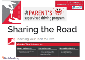 The Parent's Supervised Driving Program for Massachusetts revised & expanded its section on what to instruct one's teenager with a driving learners permit in Massachusetts how to Share the Road more safely with bicyclists and pedestrians, as well as other vehicles. This graphic lists general Road Sharing topics covered in parts One 1 and Two 2 of the new manual.