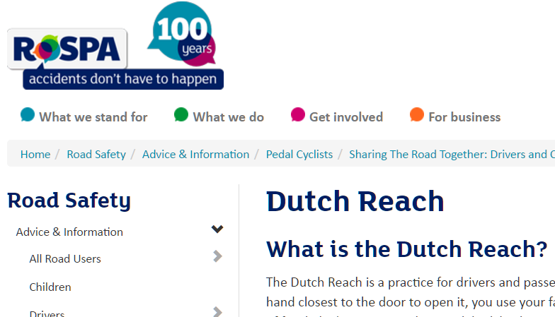 Screen shot of RoSPA's Road Safety webpage which explains & recommends the Dutch Reach Method for dooring prevention, protecting bicyclists & exiting drivers & passengers from collision.