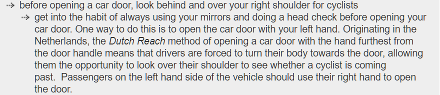 Dutch Reach anti dooring method is taught to South Australia drivers to prevent dooring of cyclists. Text appears on road safety website.