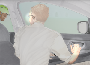 Image shows a car occupant, driver or passenger depending on the country's driving side, hand on door latch, upper torso swiveled a quarter turn left, and head turned facing back and out the window where he sees a cyclist's face and helmet about to pass his door.