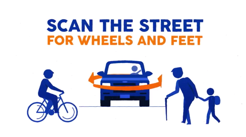 Title page & logo for MassDOT Scan the Streets for Wheels and Feet road sharing safety campaign of 2017. Graphic in orange and blue on white includes slogan text and images of a cyclist, elder pedestrian with cane, on either side of a car with driver with an encircling long orange arrow suggesting the need to look all around for vulnerable users.