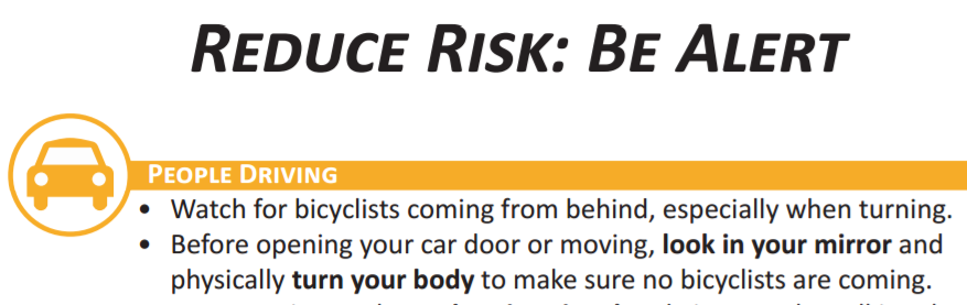 To reduce risk, be alert, and use the Dutch Reach to keep cyclists from getting doored.