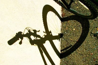 Photo: Bike shadow on wall and adjacent ground, shows hand bars, stem, front wheel & fork. Shadow of wheel bends at ground, forming heart shaped front wheel shadow. Unknown photographer, found on Google search of bike + heart
