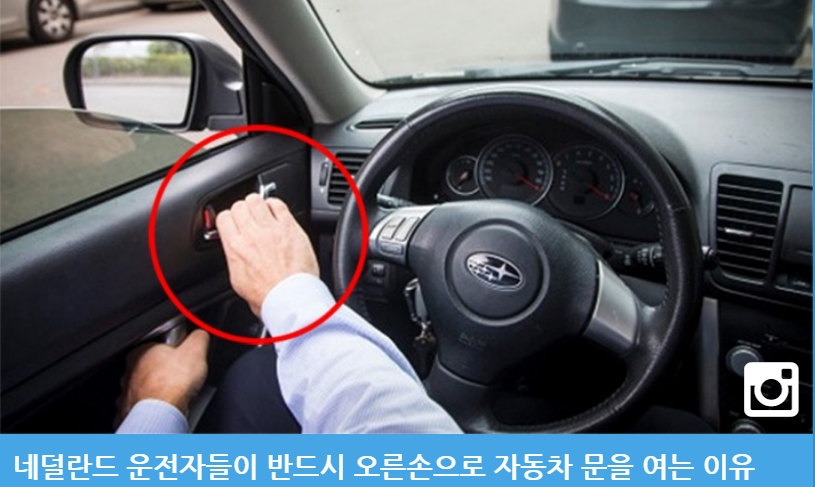 Photo: Why Dutch drivers must open their car doors with their right hands. Photo of driver's right are on left door latch, circled in red. Caption in Korean language characters, accompanies article on the Dutch Reach anti- dooring method to prevent injury, crashes with bicyclists.