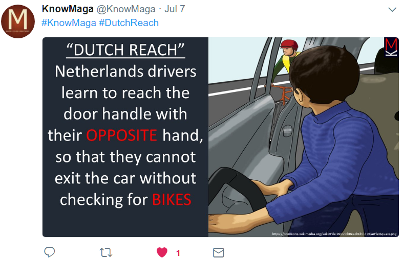 Teaching the Reach in Sri Lanka, via Twitter. English is one of the three commonly used languages in Sri Lanka, along with Tamil & Sinhala. Language is likely either Tamil or Sinhala. Illustration of a child preparing to exit car reaching with far hand (the left), turning to look for on-coming cyclists. Seeing a bicyclist approaching, he avoids opening and does not door the cyclists. Illustration by Dutch Reach Project artist Rahel Wach. Text by @KnowMaga.