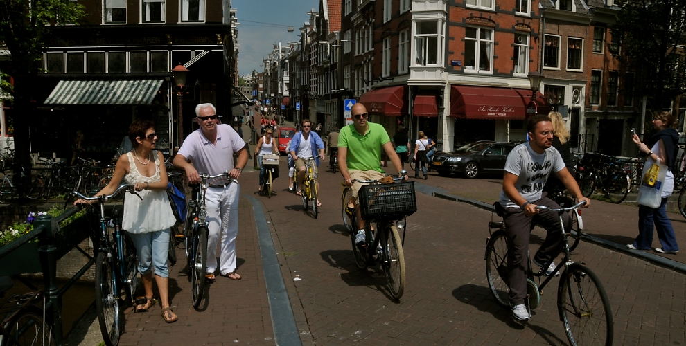 Bicyclists on street in Amsterdam