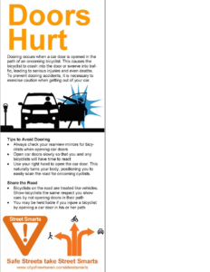 Anti-dooring flier recommends far hand method to drivers, part of New Haven, CT's Dept. of Transportation, Traffic & Parking bike safety initiative of 2013.