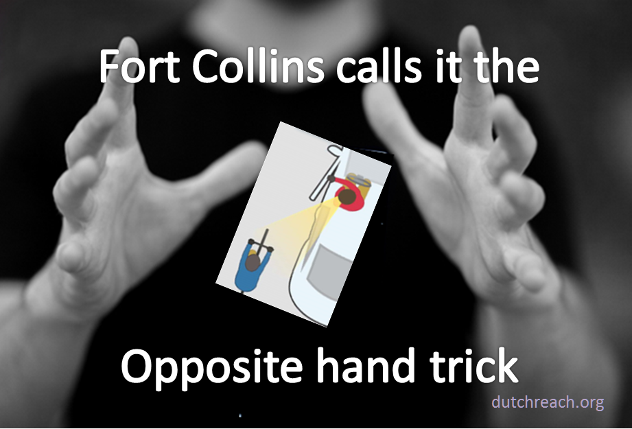 Magician's hands suspend Dutch Reach diagram as if a playing card. Ft Collins CO USA named the far hand anti dooring method the Opposite hand trick, & teaches in in their Bike Friendly Driver program.