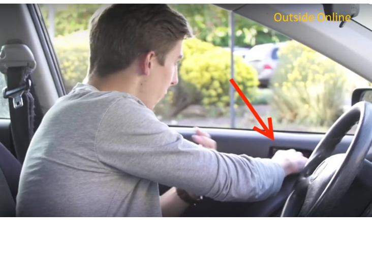 Arrow emphasizes far hand reach across to door latch which commits to Dutch anti dooring maneuver. Credit: Modified still shot from Outside Online's Dutch Reach - Safe for Work video. Appeared in LifeAspire article on 3/9/17.