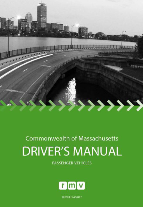 2017 Driver's Manual, Commonwealth of Massachusetts, USA. New green cover design shows roadway, waterway & distant Boston skyline.
