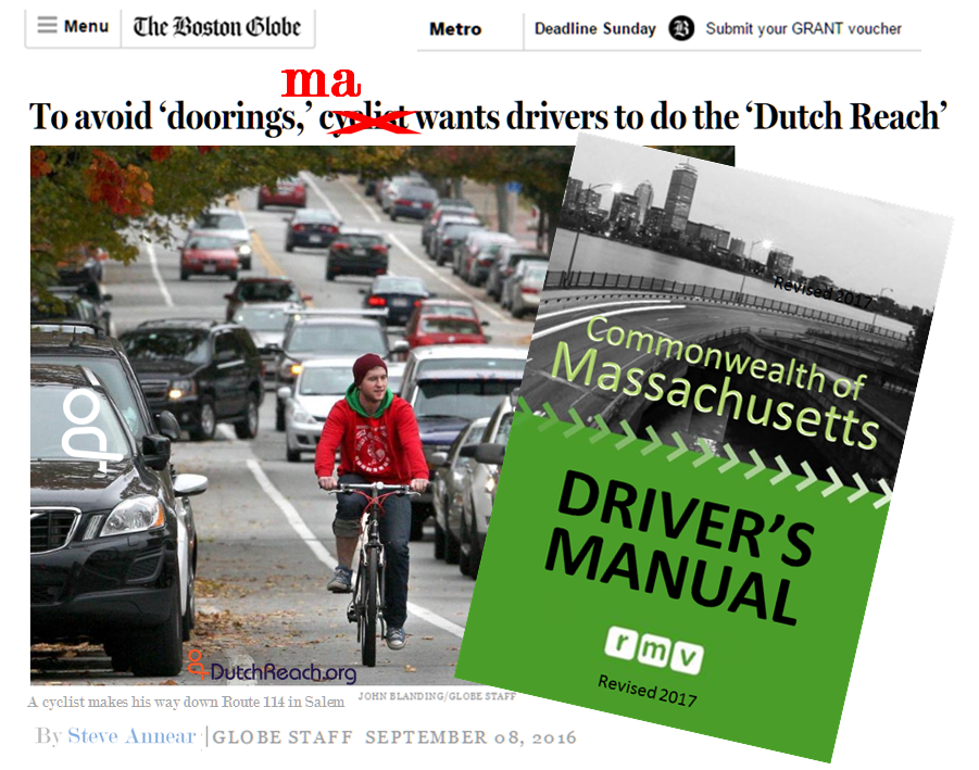To avoid dooring bicyclists, Massachusetts RMV / DMV 's 2017 Driver's Manual now tells drivers to use the Dutch Reach method to see on-coming bikes. It is the safest way to open & exit cars, trucks, vehicles to protect cyclists from crashing into or hitting opened car doors. In this montage, a mock-up of the headline to reporter Steve Annear's Sept 8, 2016 Boston Globe article titled "To avoid doorings, this cyclists wants drivers to do the 'Dutch Reach'“ has been revised. The headline now says that "ma", the abbreviation for Massachusetts – no longer just a "cyclist" [Michael Charney, founder of the Dutch Reach Project ] -- wants drivers to use the far hand method to prevent dooring injuries, deaths & damages.