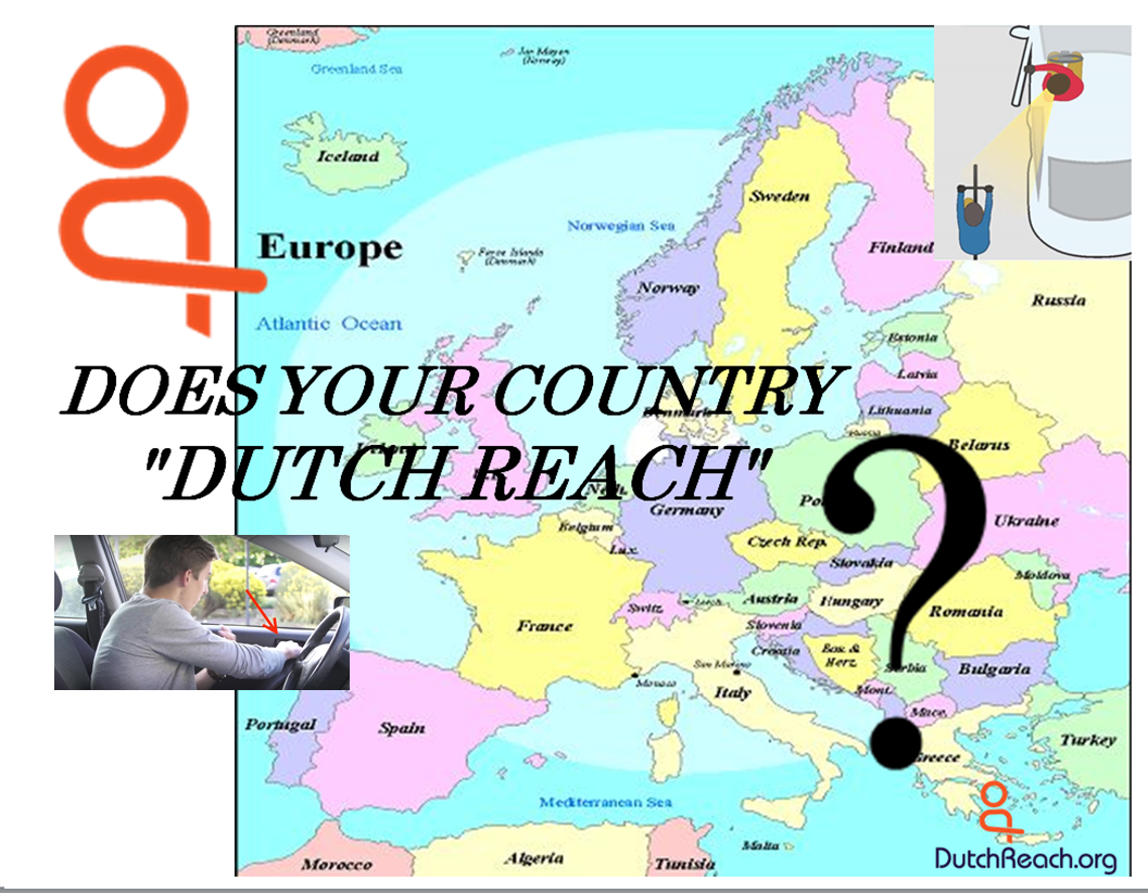 Map of Europe & Mediterranean countries with question superimposed asking: Does Your Country "Dutch Reach"?, with inset of Outside Online video screen shot of driving instructor using far hand method to initiate car door opening to avoid dooring bicyclists.