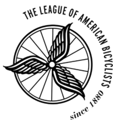 League of American Bicyclists Logo, tri-foil wings emanate from hub of a spoked bicycle where. Links to "Does your state do the Dutch Reach?" encouraging states to adopt the Dutch anti dooring technique into driver's manual.