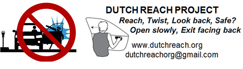 Stop Dooring graphic from New Haven CT TT&P 2013 flier, & Dutch Reach Project outreach business card with contact information.