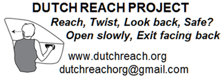 Dutch Reach Project education & outreach instruction in the far hand method, line drawn graphic, & contact information.
