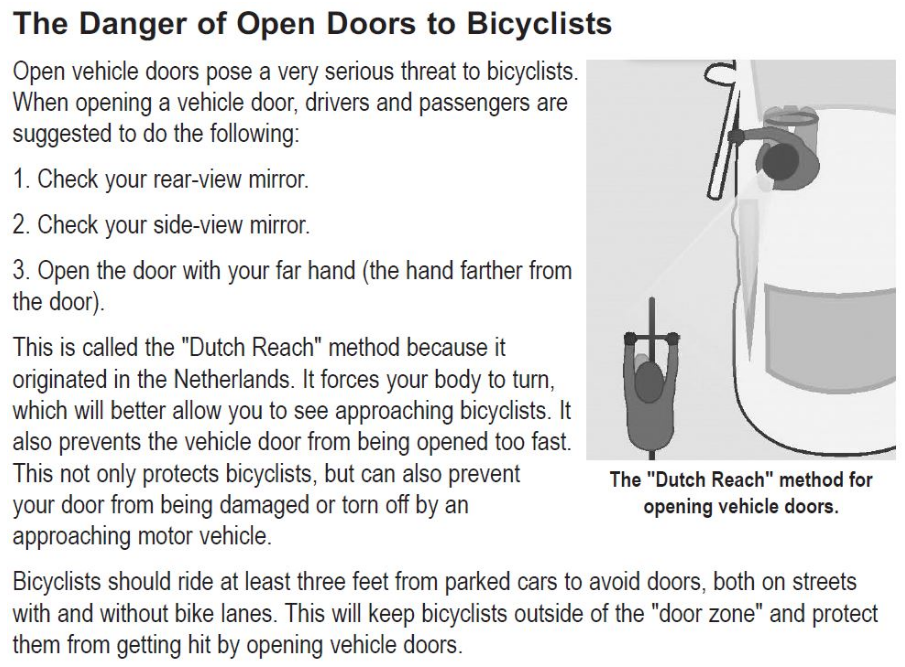 Danger of Open Doors to Bicyclists, Rules of the Road p. 109, Commonwealth of Massachusetts Driver's Manual 2017. Text of Dutch Reach dooring countermeasure rule.