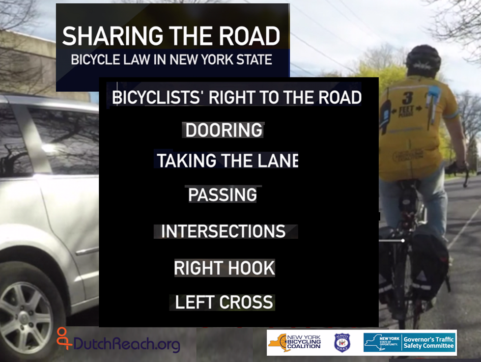 Over the background of a cyclist beside a vehicle, is a table of contents for the Sharing the Road video produced by New York Bicycling Coalition in conjunction with Albany Police Academy & the Governor's Traffic Safety. Committee in 2017.