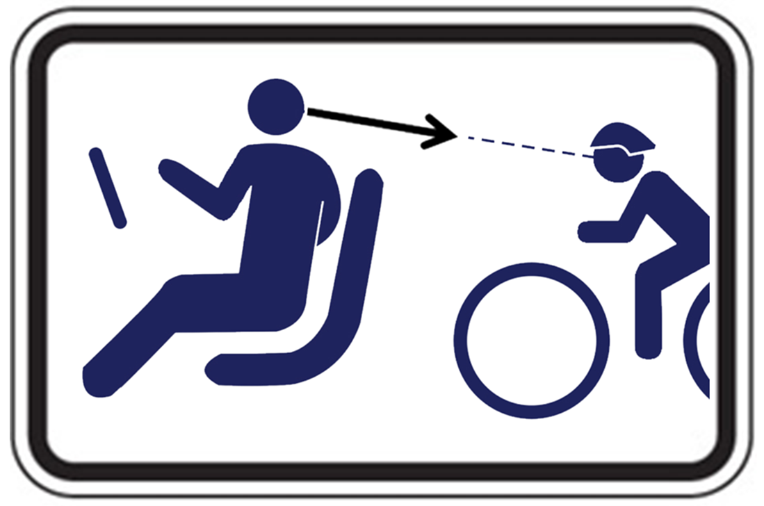 Dutch Reach Parking Alert sign for UK with Black silhouette of driver & approaching cyclist on on black figures on white background. Driver is turned facing back with far hand on door latch, doing the Dutch Reach technique, using far hand anti dooring method to open latch, turned & to look over shoulder to scan for on-coming bicyclists or traffic. Figures & bike wheels are in ISO international standards organization's style.No logos. Design by New York Bicycling Coalition & Dutch Reach Project.