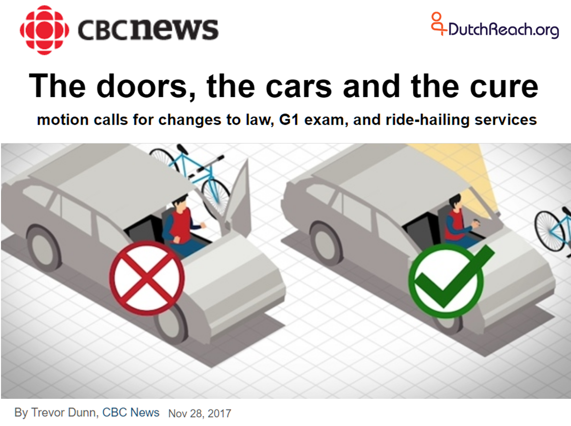 CBC News Nov 28 coverage of Toronto Canada anti dooring motion before the Public Works Comittee which recommends 5 methods to reduce doorings of cyclists by heedless drivers & passengers, & ride sharing vehicles of Uber & Lyft.