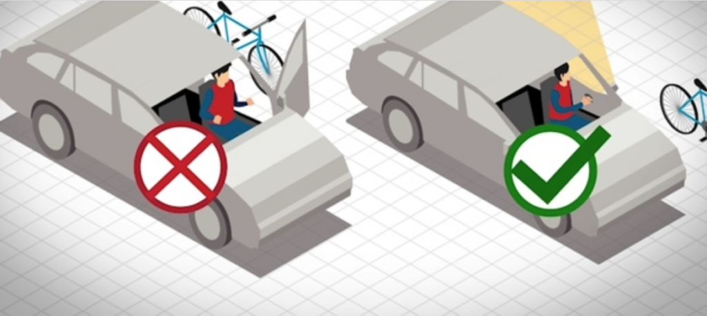 CBC News graphic compares near & far hand aka Dutch Reach method in GIF graphic to teach dooring prevention. Nov 28, 2017, in an article about the City of Toronto's attempt to address dooring epidemic. original Canadian/US version.